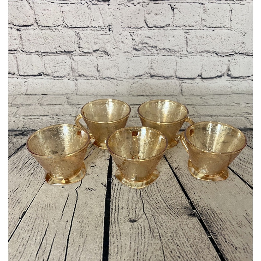 Vtg Jeanette Iridescent Floragold Louisa Cup Square Footed 7 Oz 2.5" Set‎ Of 5
